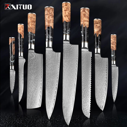 XITUO 1-9 PCS Damascus Steel Kitchen Knives High Quality Chef Chopping Vegetable Slicing Deboning Bread Knife Black Resin Handle