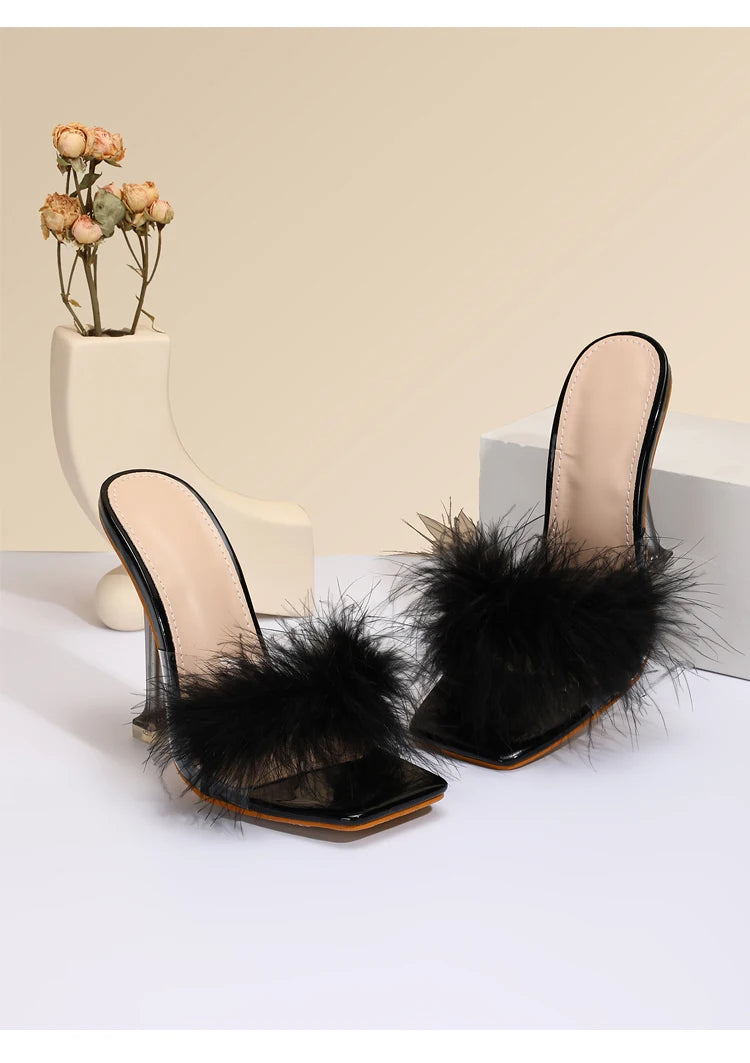 Women Rabbit White Fur Clear PVC Slippers Square Toe Stilettos Slides Transparent Crystal High Heels Sandals Mules Glass Heels