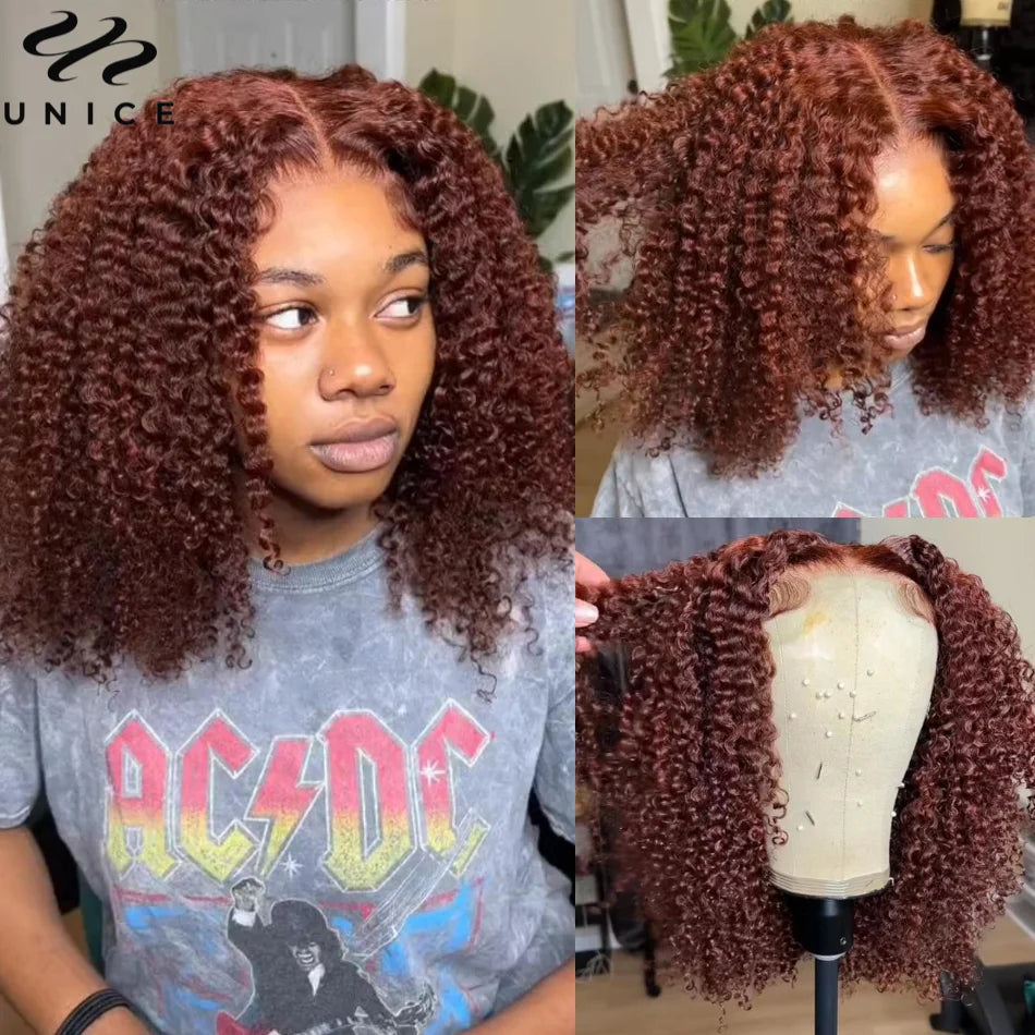 UNICE Hair Bye Bye Knots 7x5 Lace Wig Human Hair Reddish Brown Kinky Curly Wigs Pre Cut Pre Bleached Glueless Wig Ready To Wear