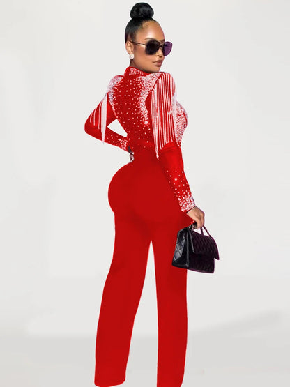 Women Jumpsuit Solid High Collar Hot Drill Mesh Shoulder Cotton Long Sleeves Long Straight Jumpsuit Sexy Party Outfits