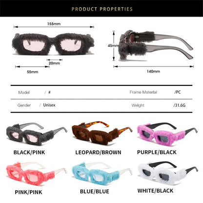 NEW Trendy Rectangle Sunglasses Women Punk Plush Sun Glasses Ladies UV400 Shades Fashion Funny Decor Eyewear