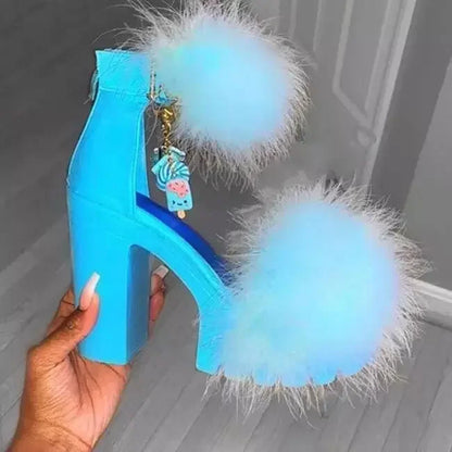 Woman Furry Sandals High Heels with Fur Female Platform Pumps Women Ankle Strap Women's Wedge Shoes 2022 Summer