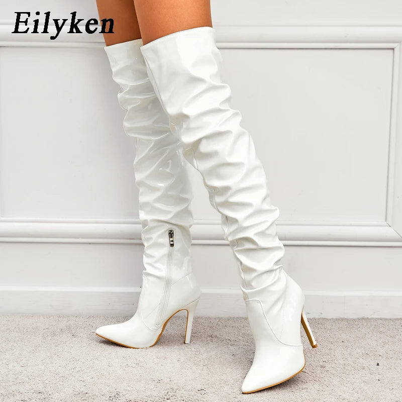 Eilyken Red Women Over The Knee Boots High Heels Patent Leather Solid Pointed Toe Stiletto Side Zipper Sapatos Femininos - MAGUSTA BEAUTY