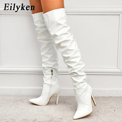 Eilyken Red Women Over The Knee Boots High Heels Patent Leather Solid Pointed Toe Stiletto Side Zipper Sapatos Femininos - MAGUSTA BEAUTY