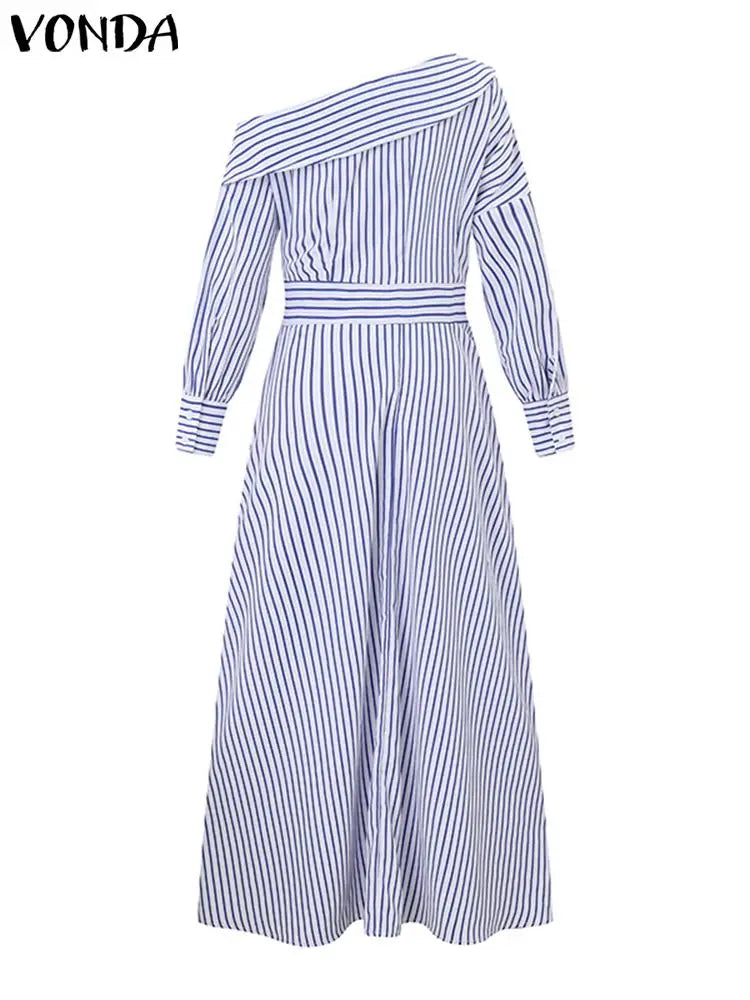 VONDA 2024 Women Elegant Striped Maxi Dress Bohemian Sundress Casual Loose Off Shoulder Long Sleeve Party Vestidos Robe Femme