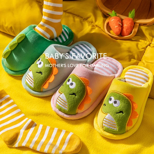 Children Cartoon Dino Fur Slipper Soft Autumn Winter Warm Princess Baby Boys Girl Indoor Home Bedroom Cotton Fleece Fur Shoes