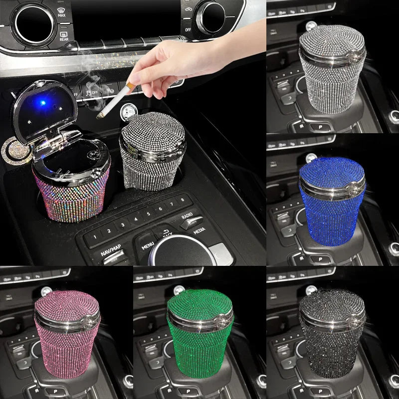 Crystal Diamond Car Ashtray Auto Portable Bling Cigarette Smokeless with LED Light Indicator Car Accessories for Women