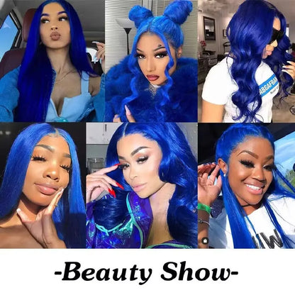 13x4 Front Lace Pre Extracted Hairline Clear Lace Wigs Jewel Blue Long Straight Brazilian Native Real Hair 180% Density Wigs