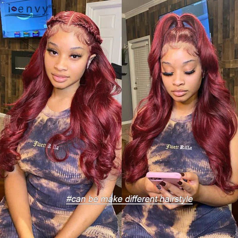 13X4 Hd Transparent Lace Front Wigs Burgundy Red Human Hair Wigs Pre Plucked 30 Inches Body Wave Lace Front Wigs For Women Curly