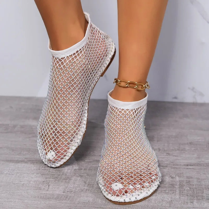 Womens Shallow Slip-On Sandals Mesh Breathable Luxurious Rhinestone Designer Fashion Round Toe Women's Shoes Non-Slip Flat Shoes