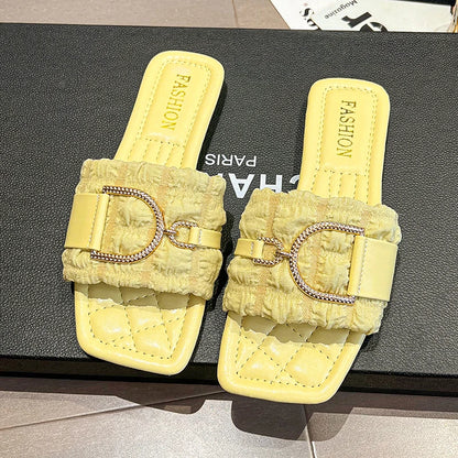 Women Luxury Decor Weave Design Flat Sandals Fashion Open-toe Vacation Casual Slides Party Sexy Elegant Office-Ladies New Shoes