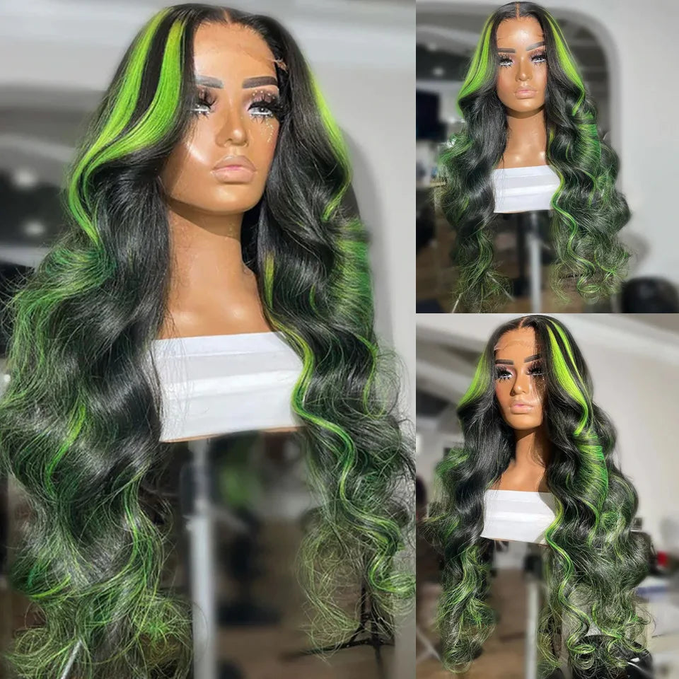 13x6 HD Lace Frontal Wigs Highlight Green Body Wave Lace Front Wig 30 Inch Body Wave Human Hair Wigs Ombre 4X4 Lace Closure Wigs