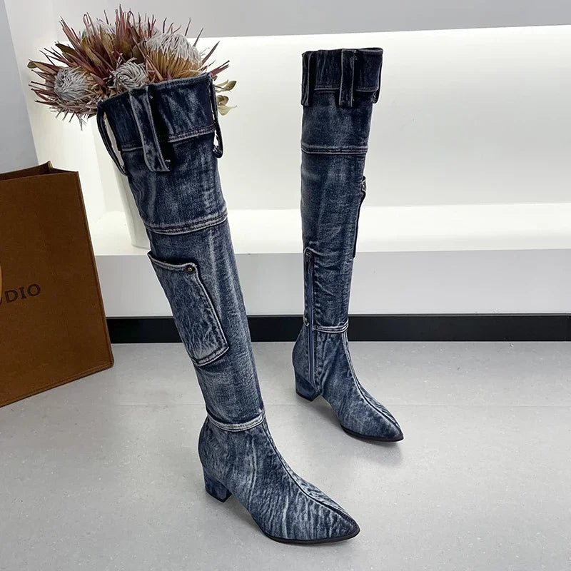 2022 Sexy Jean Boots Women's Knee-High Boot Zipper 6CM High Heel Woman Stylish Jeans Boots Ladies Denim Boot Female Shoes Cowboy - MAGUSTA BEAUTY