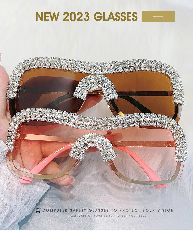 Y2K Vintage Punk Diamond Rimless Sunglasses Women Sun Glasses Brand Designer Trending Luxury Crystal Rhineston One Piece Shades