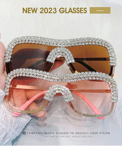 Y2K Vintage Punk Diamond Rimless Sunglasses Women Sun Glasses Brand Designer Trending Luxury Crystal Rhineston One Piece Shades