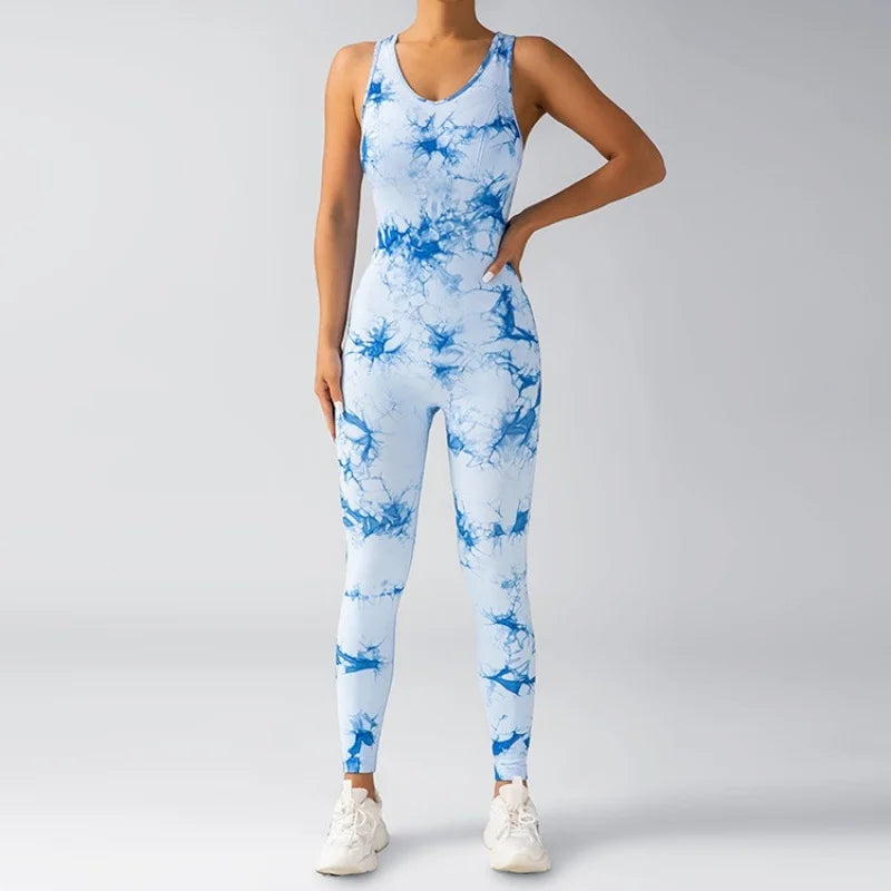 Tie-dye yoga jumpsuit, tuminel and hip lift, trousers, seamless breathable leggings, sports fitness wear women set yoga women