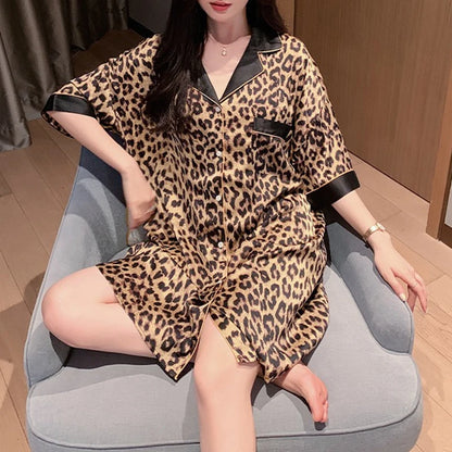 Women Sexy Leopard Print Nightgown Lapel Short Sleeve Satin Silk Cardigan Nightdress Hot Nighty Summer Nightgowns Mini Pajamas