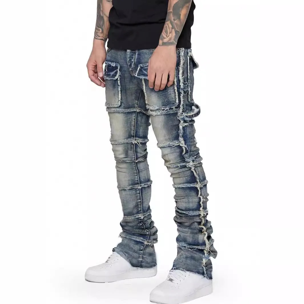 Trendy Men Jeans, European and American Fashionable Workwear with Patch, Elastic, Laminated and Slightly Flared Men Denim Pants.