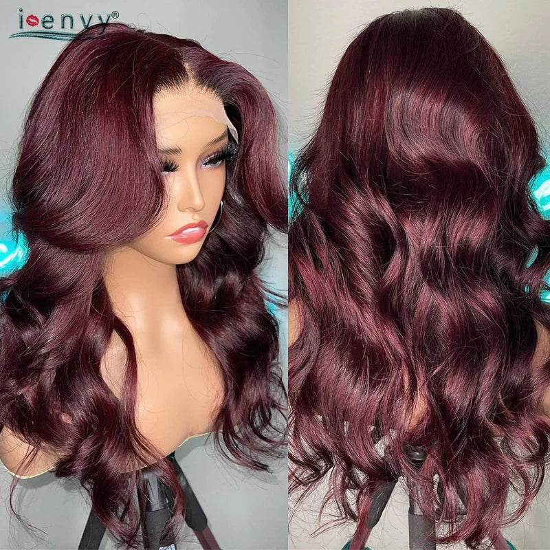 13X4 Hd Transparent Lace Front Wigs Burgundy Red Human Hair Wigs Pre Plucked 30 Inches Body Wave Lace Front Wigs For Women Curly