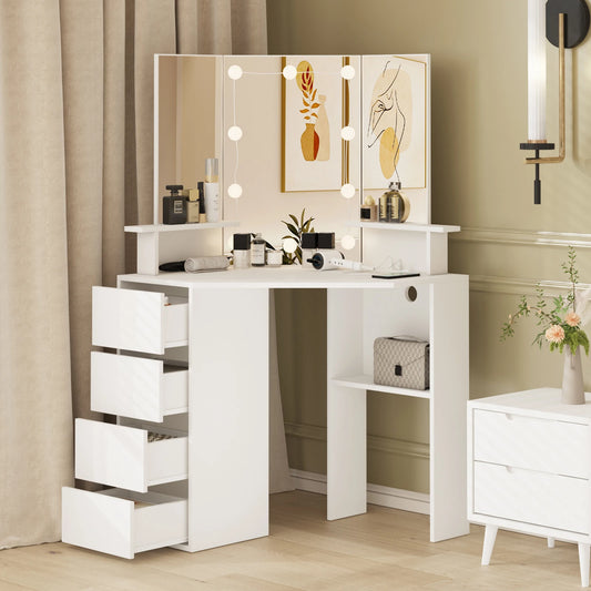 Vabches Corner Vanity Makeup Desk with Lights Tri-Fold Mirror Bedroom Vanity Table with Power Strip 4 Drawer Wood Dressing Table