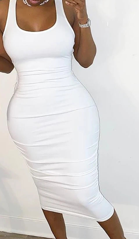 Women Sexy Cut Out Lace-Up White Dress 2023 Summer Ladies Elegant Fashion Female Zipper Design Sleeveless Midi Bodycon Dresses