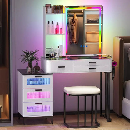 Vanity Makeup Desk Mirror LED Vanity Table Charging Station Dressers 5 Drawers