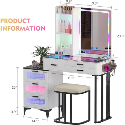 Vanity Makeup Desk Mirror LED Vanity Table Charging Station Dressers 5 Drawers