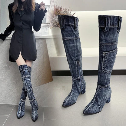 2022 Sexy Jean Boots Women's Knee-High Boot Zipper 6CM High Heel Woman Stylish Jeans Boots Ladies Denim Boot Female Shoes Cowboy - MAGUSTA BEAUTY