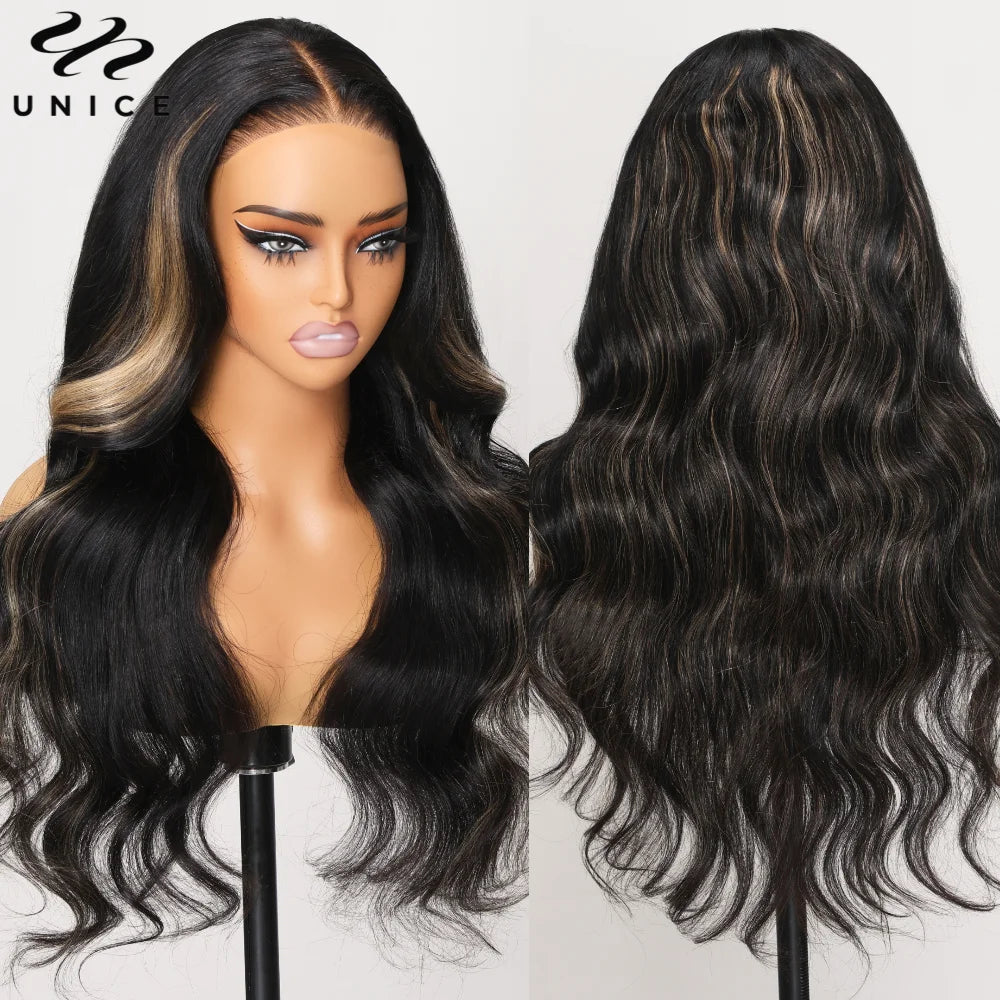 UNice Body Wave Highlight Wig Human Hair 13x4 Lace Frontal Wig Pre Cut Pre Bleached Knots 7x5 Lace Wig Wear Go Glueless Wig