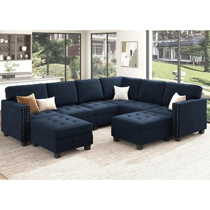 Velvet Modular Sectional Sofa, Convertible L Shaped Sofa Couch with Storage Top Tray Ottoman Corner Couch,Dark Blue