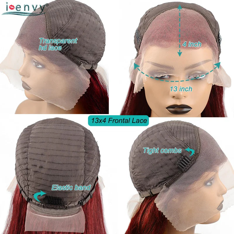 13X4 Hd Transparent Lace Front Wigs Burgundy Red Human Hair Wigs Pre Plucked 30 Inches Body Wave Lace Front Wigs For Women Curly