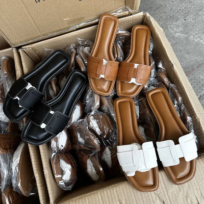 Women Fashion Slippers Summer Outdoors Beach Slippers Soft Flats Home slippers Female Luxury Leather Sandals Casual Slides Shoes