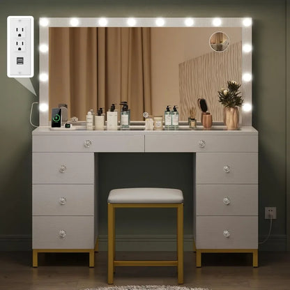 The Dressing Table Comes with A Mirror, Power Sockets, and 14 Lights. It Has 8 Drawers and 3 Lighting Colors