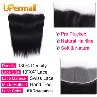 Upermall 2/3/4 Remy Straight Human Hair Bundles With Frontal Brazilian Transparent Pre Plucked 13x4 Lace Closure and Bundle 10A