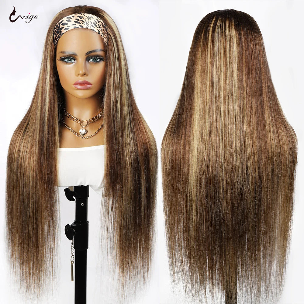 Uwigs 4/27 Highlight Headband Wigs Human Hair 250 Density Straight 100% Human Hair Wigs Full Machine Made Wigs For Women