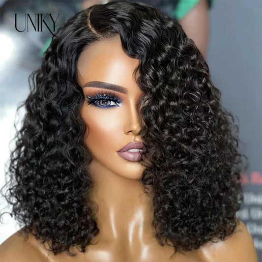 Water Wave Lace Wigs 180Density Transparent 4x4 Closure Lace Wigs For Women Deep Curly Bob Wig Side Part T Part Human Hair Wigs