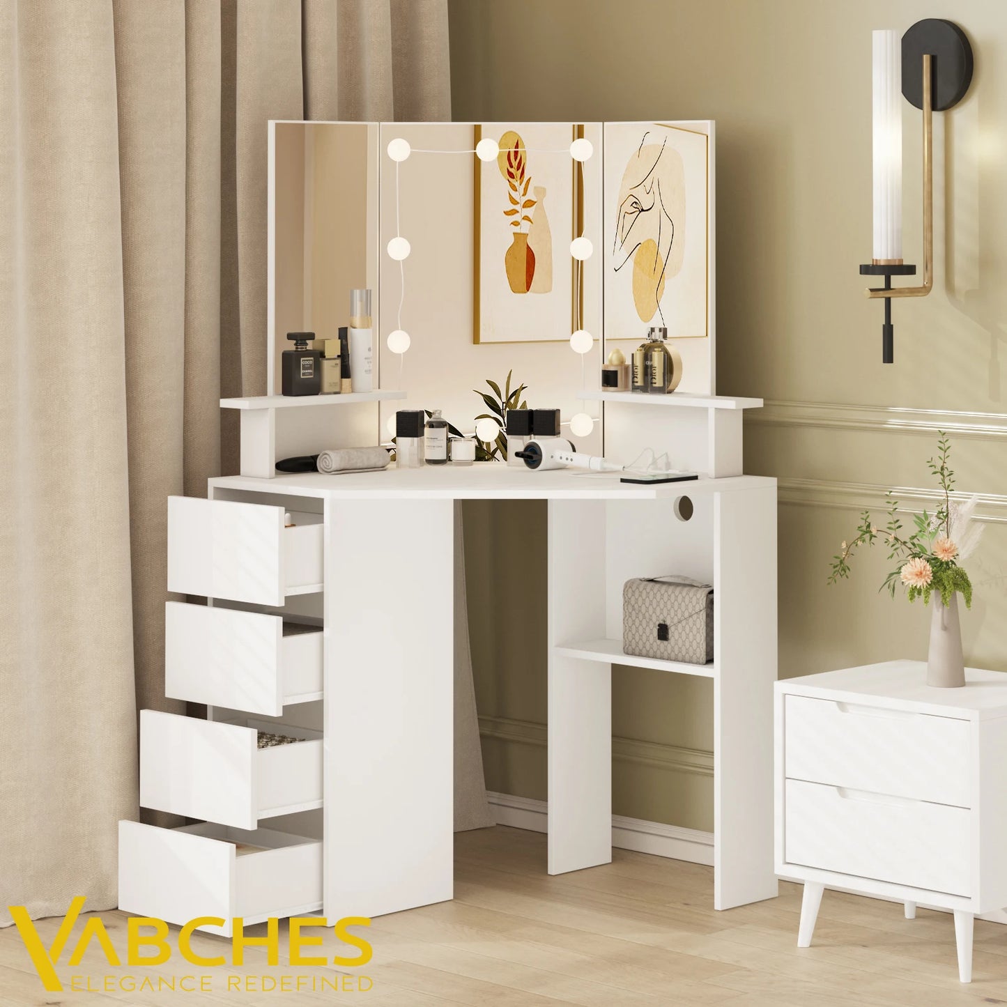 Vabches Corner Vanity Makeup Desk with Lights Tri-Fold Mirror Bedroom Vanity Table with Power Strip 4 Drawer Wood Dressing Table