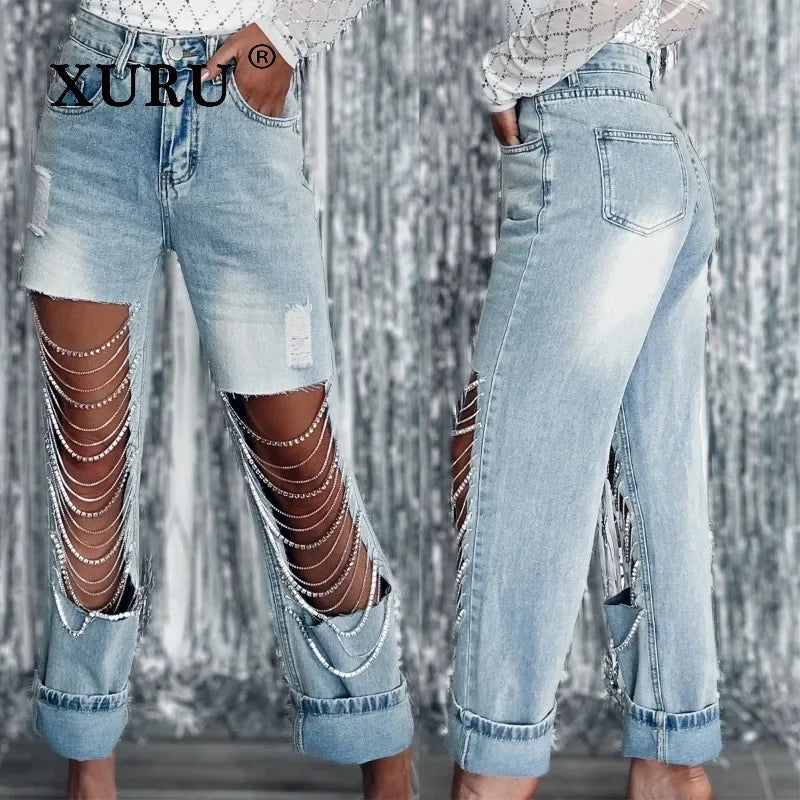 XURU - European and American New Big Hole Jeans Women's Wear, Chain Hanging Straight Length Jeans K82-3286