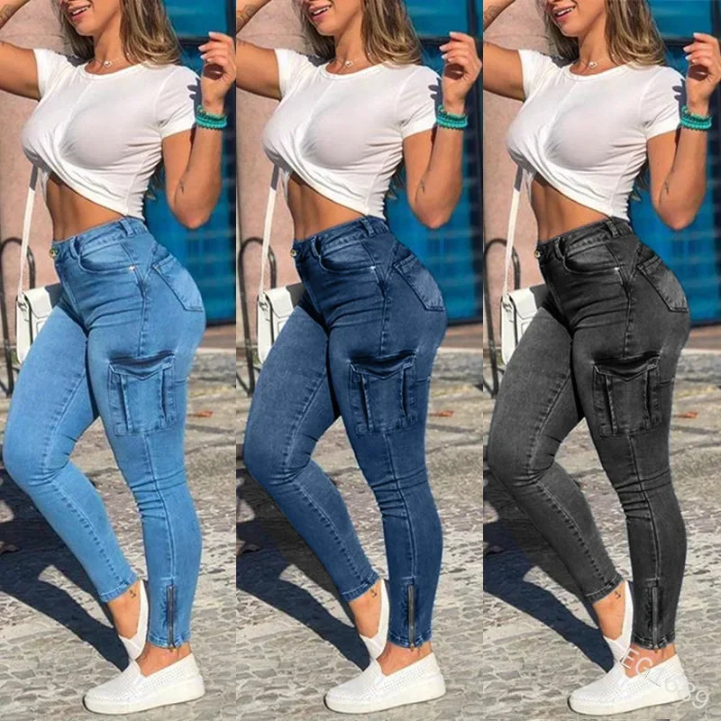 Women Jeans Sheath Pencil Pants Pockets Cargo Denim Distressed High Waist Washing Slim Fit Zipper Fly Ankle Length Solid