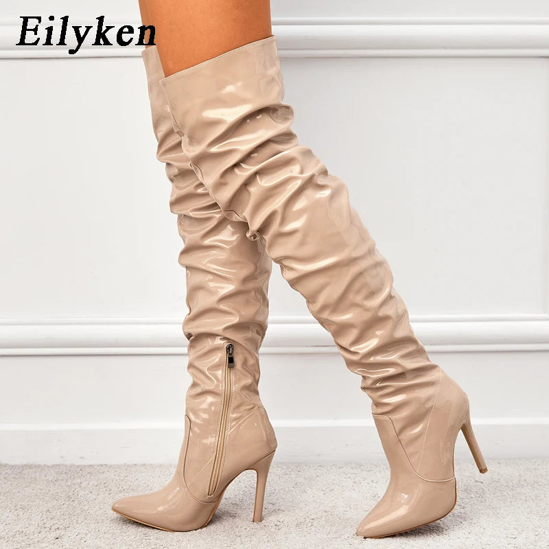 Eilyken Red Women Over The Knee Boots High Heels Patent Leather Solid Pointed Toe Stiletto Side Zipper Sapatos Femininos - MAGUSTA BEAUTY