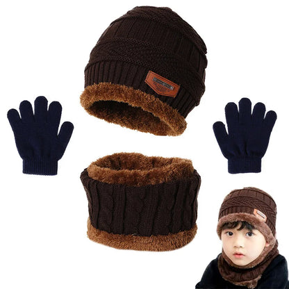 Winter Hat Scarf and Gloves Set Plush Warmer Children Knitted Hat Baby Boys Beanies Cap Neck Scarf Glove Suit For Kids Accessori