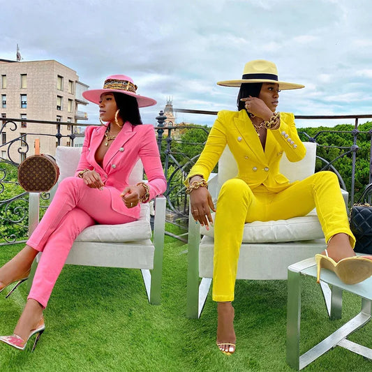 2023 Women Two Piece Suit Long Sleeve Coat And Pants Set Solid Color Blazer Single Button Yellow Blazers With Pants Sets Outfits