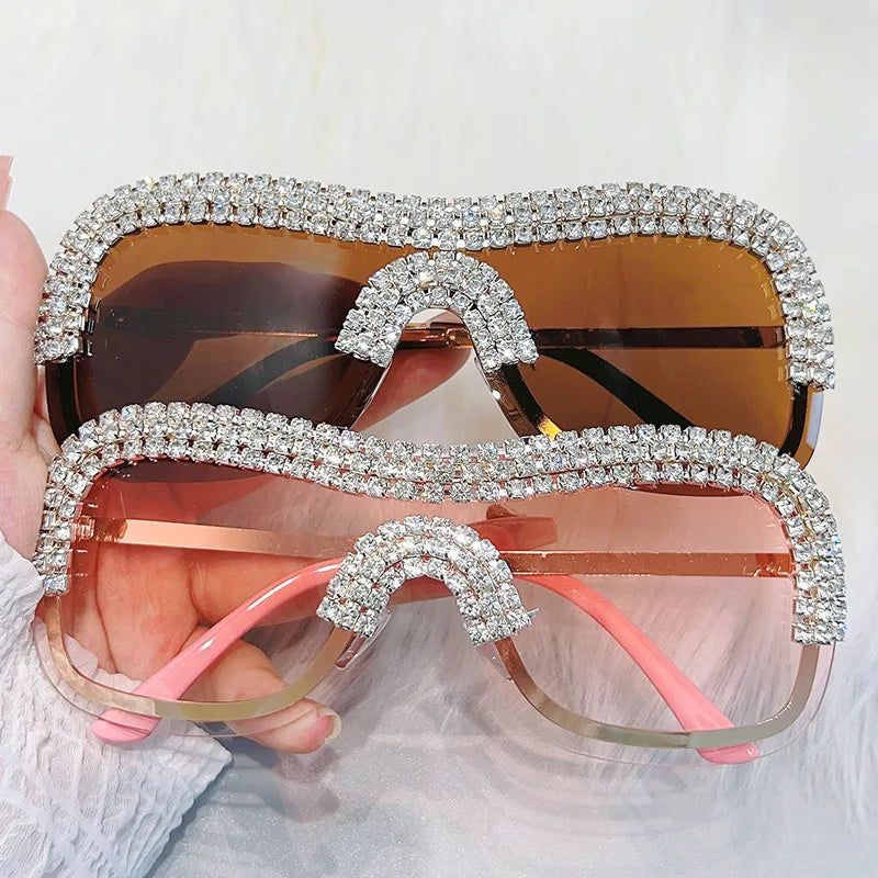 Y2K Vintage Punk Diamond Rimless Sunglasses Women Sun Glasses Brand Designer Trending Luxury Crystal Rhineston One Piece Shades