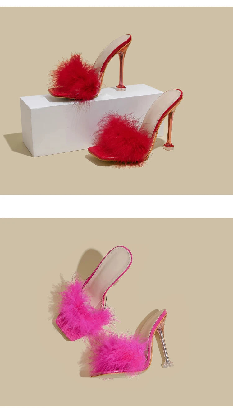 Women Rabbit White Fur Clear PVC Slippers Square Toe Stilettos Slides Transparent Crystal High Heels Sandals Mules Glass Heels