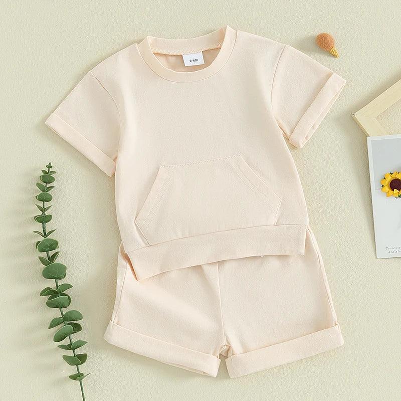 Toddler Infant Boys 2 Piece Outfits Solid Color Short Sleeve Pocket T-Shirt and Elastic Shorts Summer Baby Boy Clothes Set - MAGUSTA BEAUTY