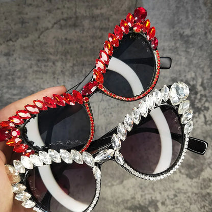 Cat Eyes Red White Diamond Women's Sunglasses Luxury Brand Designer Crystal Sunglasses For Ladies Lentes De Sol Hombre