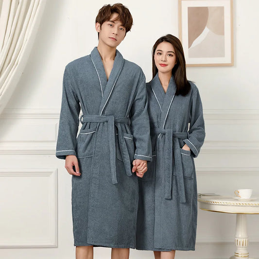 100% Cotton Couples Long Thick Absorbent Terry Bath Robe Kimono Men Light Weight Towel Bathrobe Sleepwear Women Hotel Gown Robes