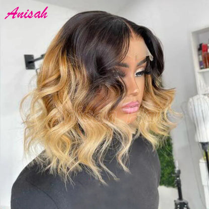 Two Tone Ombre Honey Blonde Colored Short Bob Human Hair Wigs Wavy Raw Indian Human Hair Lace Front Wig