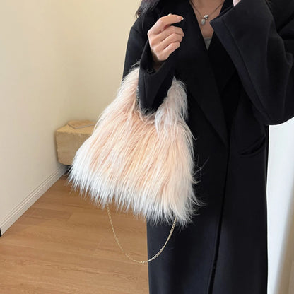 Winter Faux Fur Shoulder Bag for Women Trendy Fuzzy Handbags Plush Crossbody Bag Fluffy Tote Bag Furry Handle Mobile Phone Bag