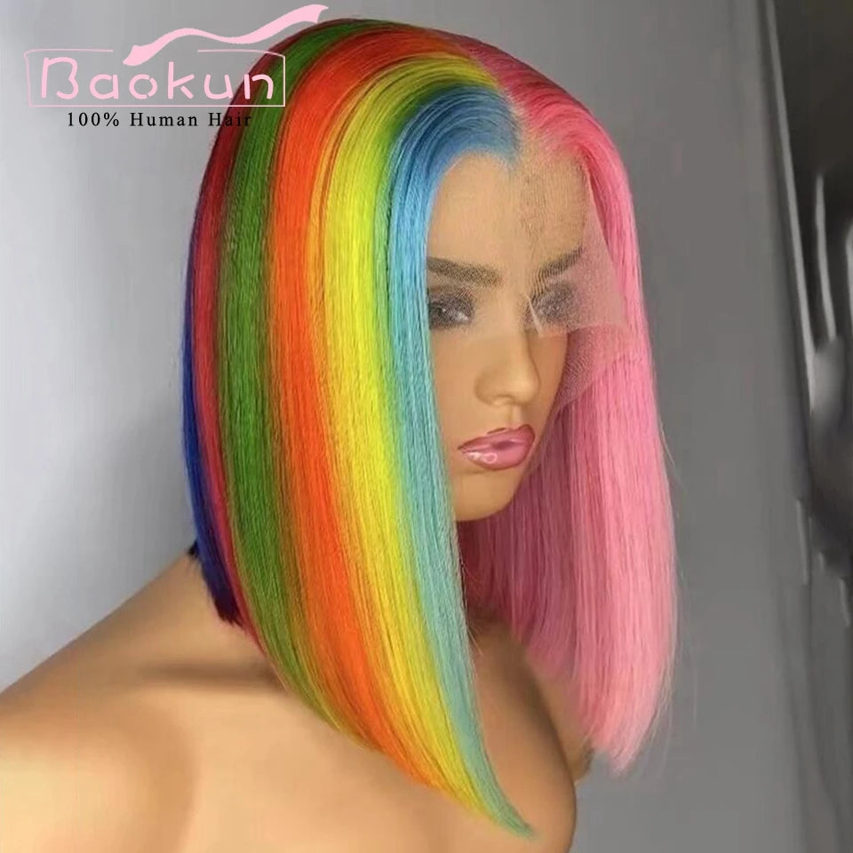 13x4 Rainbow Bob Straight Lace Front Wigs Human Hair 13x6 HD Lace Frontal Wig Glueless Blue Red Pink Highlight Human Hair Wigs